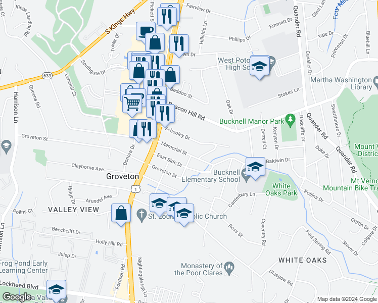 map of restaurants, bars, coffee shops, grocery stores, and more near 2720 Memorial Street in Alexandria
