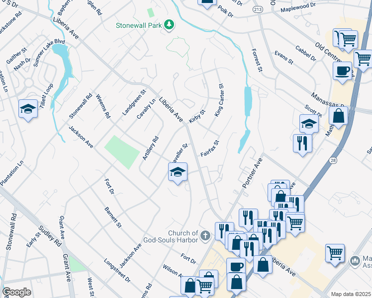 map of restaurants, bars, coffee shops, grocery stores, and more near 8901 Traveller Street in Manassas