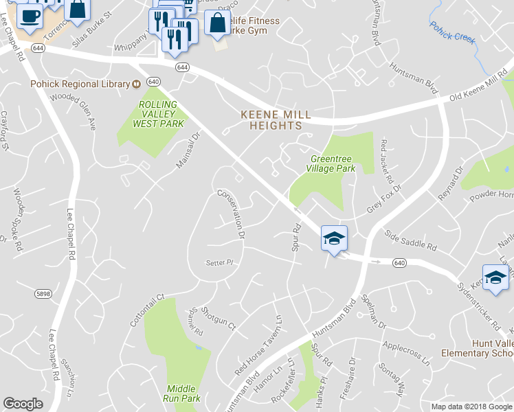 map of restaurants, bars, coffee shops, grocery stores, and more near 6824 Dina Leigh Court in Springfield