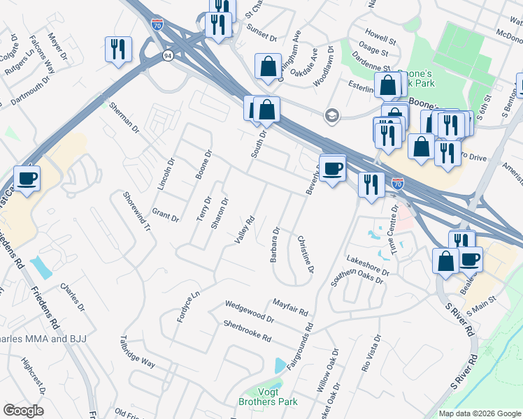 map of restaurants, bars, coffee shops, grocery stores, and more near 7 Valley Road in Saint Charles