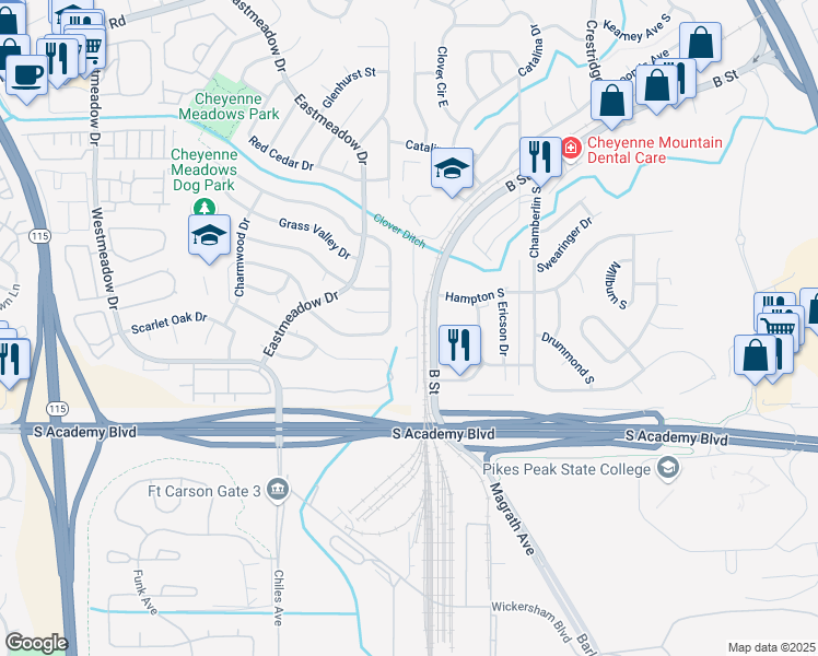 map of restaurants, bars, coffee shops, grocery stores, and more near 4340 Loomis Avenue in Colorado Springs