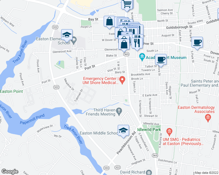 map of restaurants, bars, coffee shops, grocery stores, and more near 223 Wye Avenue in Easton