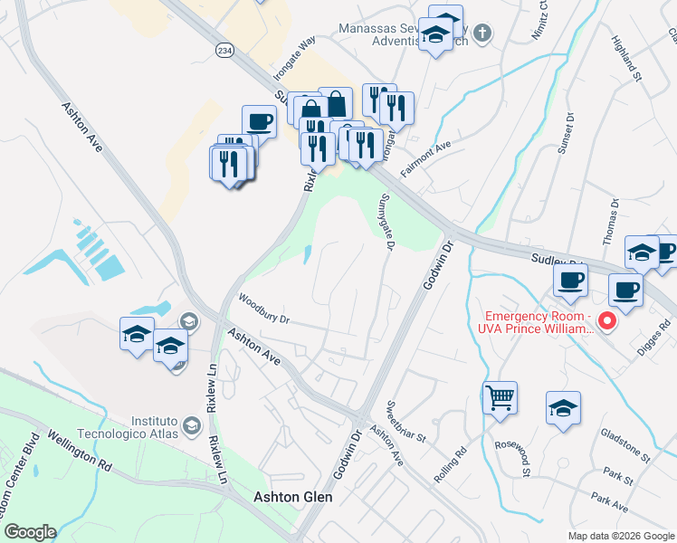 map of restaurants, bars, coffee shops, grocery stores, and more near 8646 Bannerwood Drive in Manassas