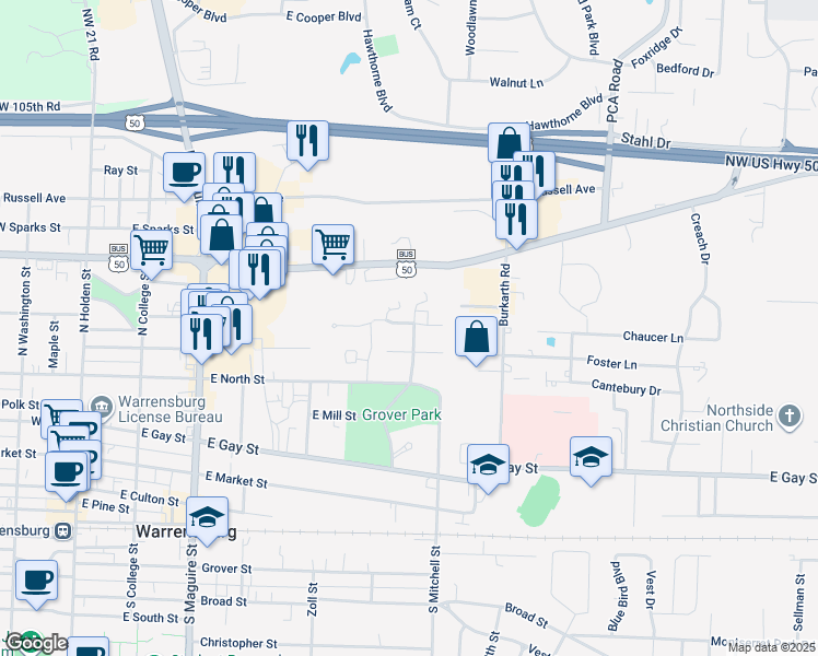 map of restaurants, bars, coffee shops, grocery stores, and more near 608 Wilkes Drive in Warrensburg