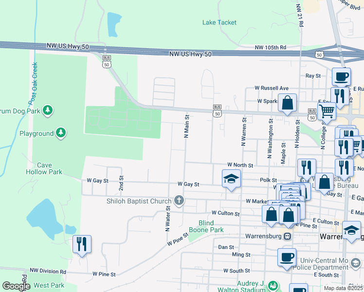 map of restaurants, bars, coffee shops, grocery stores, and more near 514 North Main Street in Warrensburg