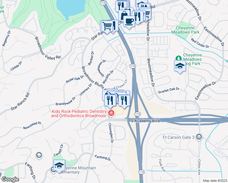 map of restaurants, bars, coffee shops, grocery stores, and more near 950 Royal Crown Lane in Colorado Springs