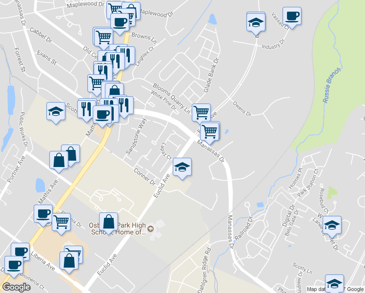 map of restaurants, bars, coffee shops, grocery stores, and more near 8605 Burnside Court in Manassas Park