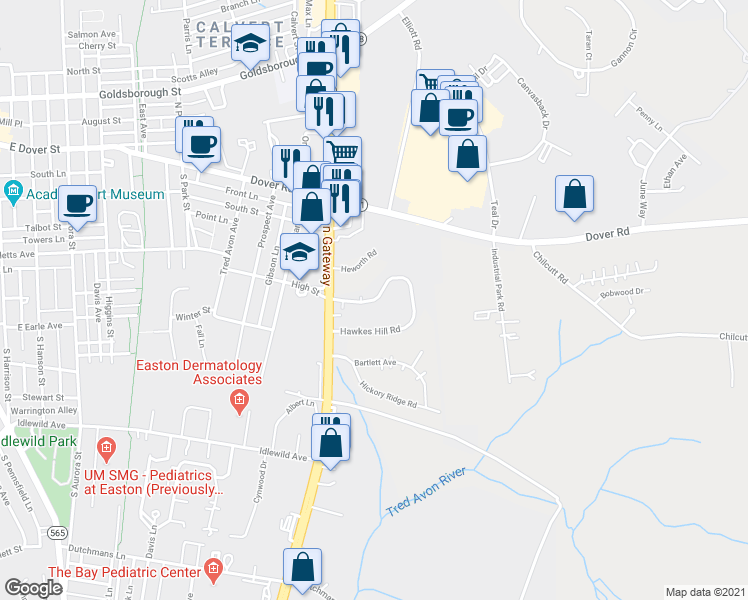 map of restaurants, bars, coffee shops, grocery stores, and more near 29505 Hawkes Hill Road in Easton