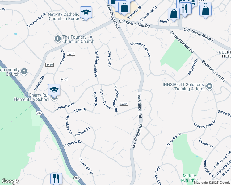 map of restaurants, bars, coffee shops, grocery stores, and more near 6706 Wooden Spoke Road in Burke