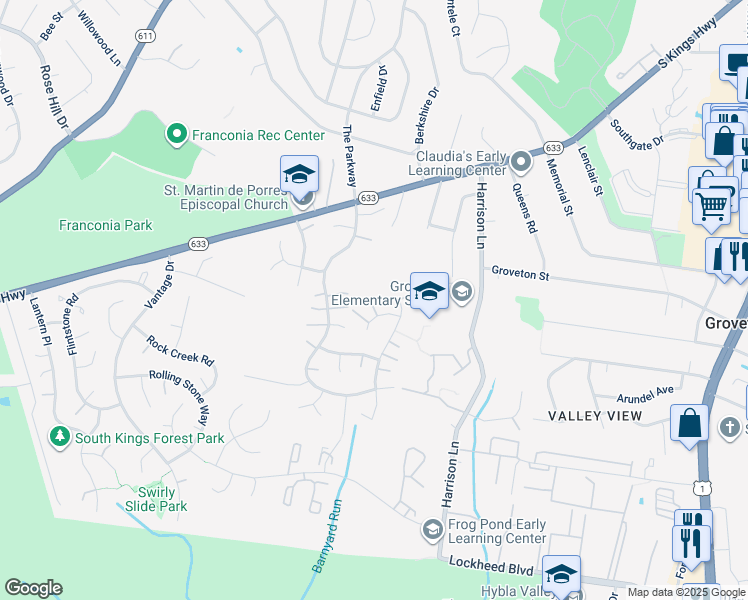 map of restaurants, bars, coffee shops, grocery stores, and more near 3806 Cobblestone Court in Alexandria