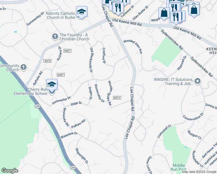 map of restaurants, bars, coffee shops, grocery stores, and more near 6706 Wooden Spoke Road in Burke
