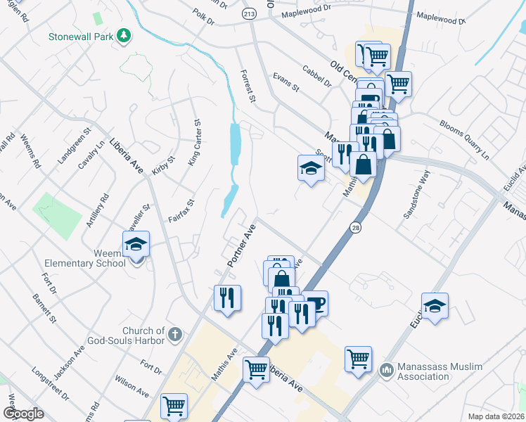 map of restaurants, bars, coffee shops, grocery stores, and more near 8648 Adrienne Place in Manassas