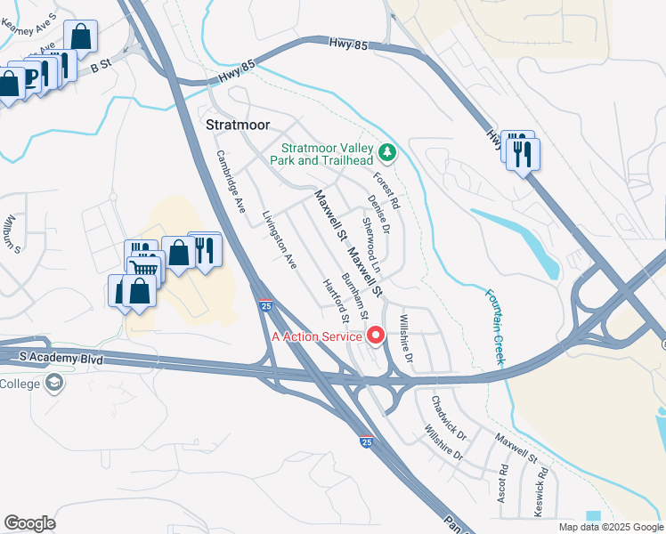 map of restaurants, bars, coffee shops, grocery stores, and more near 1230 Burnham Street in Colorado Springs