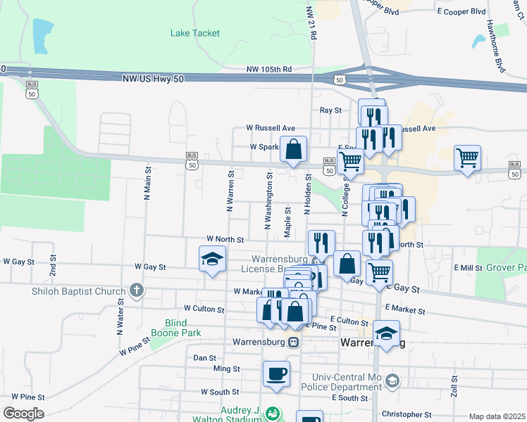 map of restaurants, bars, coffee shops, grocery stores, and more near 518 North Washington Street in Warrensburg