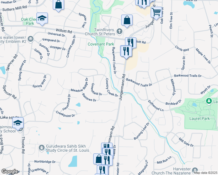 map of restaurants, bars, coffee shops, grocery stores, and more near 13 Country Creek Drive in St. Peters