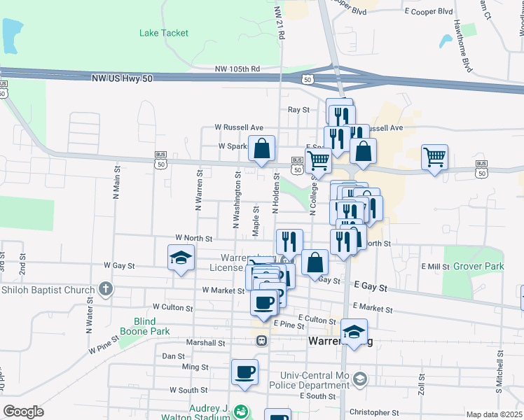map of restaurants, bars, coffee shops, grocery stores, and more near 519 Maple Street in Warrensburg