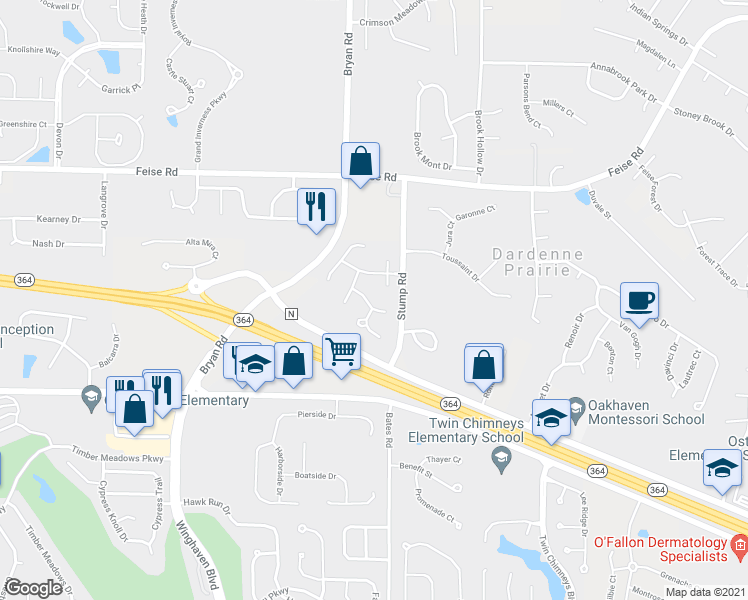 map of restaurants, bars, coffee shops, grocery stores, and more near 7 Pine Cone Court in O'Fallon