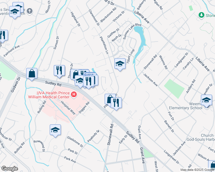 map of restaurants, bars, coffee shops, grocery stores, and more near 8554 Braxted Lane in Manassas