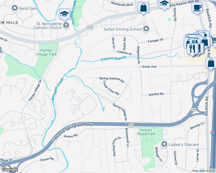 map of restaurants, bars, coffee shops, grocery stores, and more near 6843 Creek Crest Way in Springfield