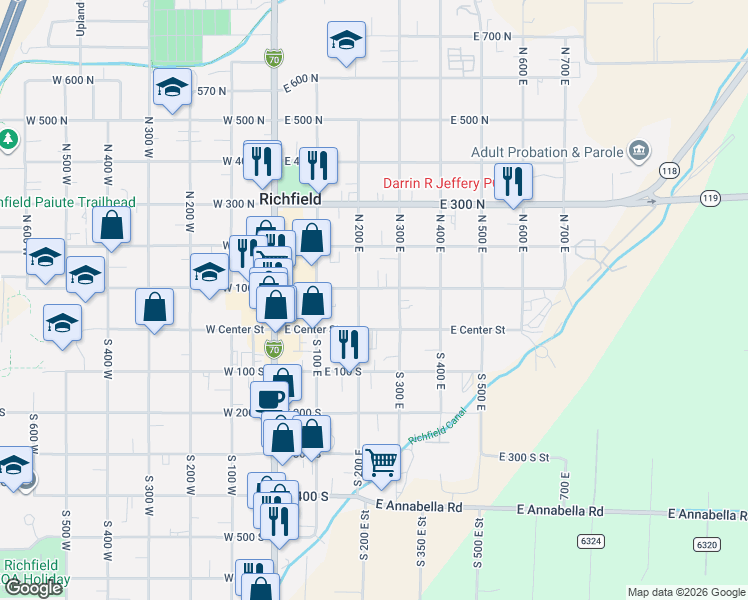 map of restaurants, bars, coffee shops, grocery stores, and more near 272 East 100 North in Richfield