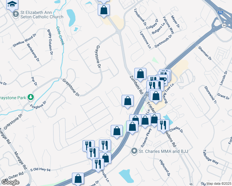 map of restaurants, bars, coffee shops, grocery stores, and more near 1550 Cattail Way in Saint Charles