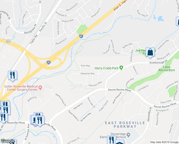 map of restaurants, bars, coffee shops, grocery stores, and more near 2121 Sebastian Way in Roseville