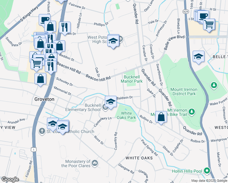 map of restaurants, bars, coffee shops, grocery stores, and more near 6810 Derrell Court in Alexandria