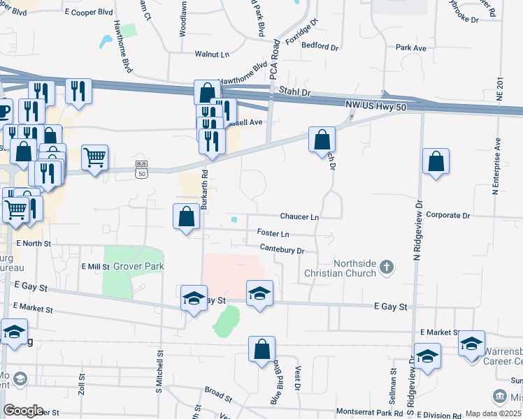 map of restaurants, bars, coffee shops, grocery stores, and more near 613 Chaucer Lane in Warrensburg
