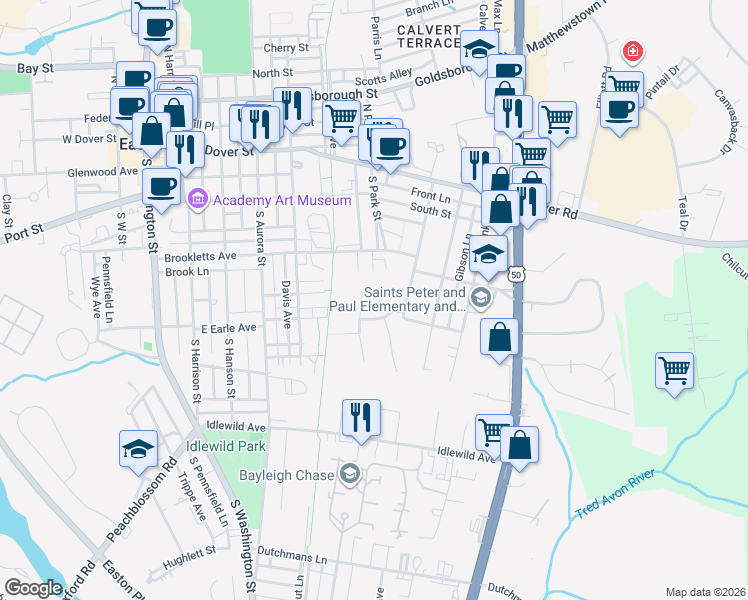 map of restaurants, bars, coffee shops, grocery stores, and more near 204 Spring Drive in Easton