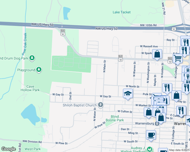 map of restaurants, bars, coffee shops, grocery stores, and more near 514 North Water Street in Warrensburg