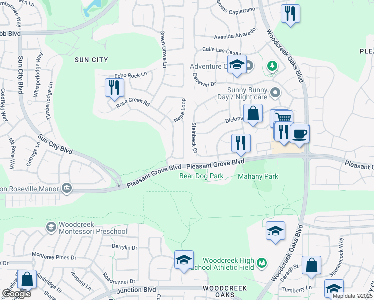 map of restaurants, bars, coffee shops, grocery stores, and more near 4016 Rose Creek Road in Roseville