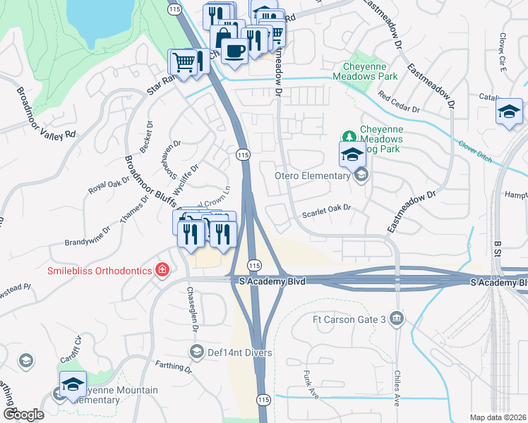 map of restaurants, bars, coffee shops, grocery stores, and more near 4397 Prestige Point in Colorado Springs