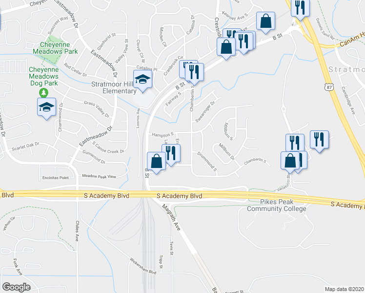 map of restaurants, bars, coffee shops, grocery stores, and more near 4323 Ericson Drive in Colorado Springs