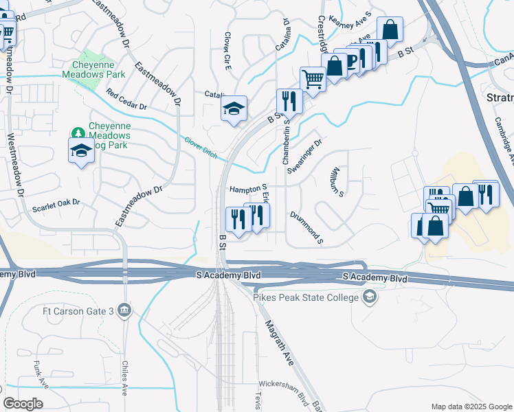 map of restaurants, bars, coffee shops, grocery stores, and more near 4319 Lashelle Avenue in Colorado Springs