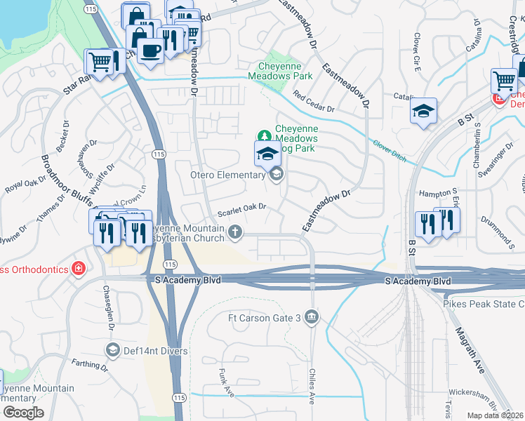 map of restaurants, bars, coffee shops, grocery stores, and more near 1107 Scarlet Oak Drive in Colorado Springs