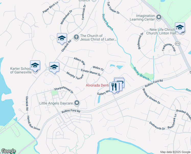 map of restaurants, bars, coffee shops, grocery stores, and more near 14008 Hyde Park Place in Gainesville