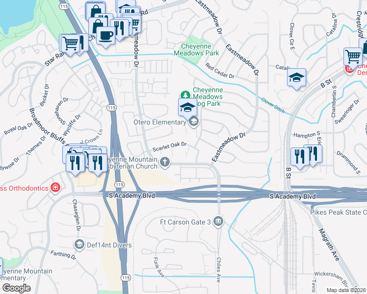 map of restaurants, bars, coffee shops, grocery stores, and more near 1107 Scarlet Oak Drive in Colorado Springs