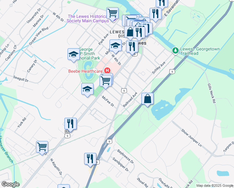 map of restaurants, bars, coffee shops, grocery stores, and more near 124 Dewey Avenue in Lewes
