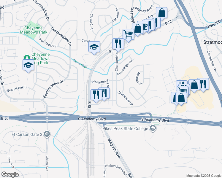 map of restaurants, bars, coffee shops, grocery stores, and more near 4319 Ericson Drive in Colorado Springs