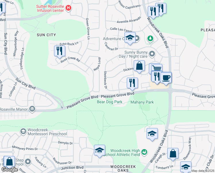 map of restaurants, bars, coffee shops, grocery stores, and more near 1567 Steinbeck Drive in Roseville