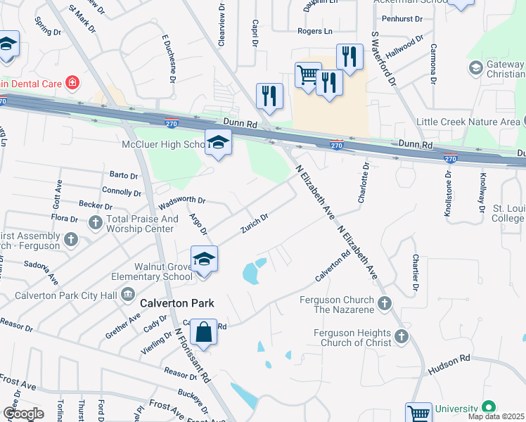map of restaurants, bars, coffee shops, grocery stores, and more near 1575 Zurich Drive in Florissant