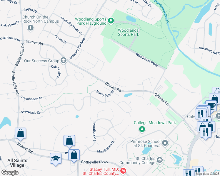 map of restaurants, bars, coffee shops, grocery stores, and more near 803 Shady Trail Court in Saint Peters