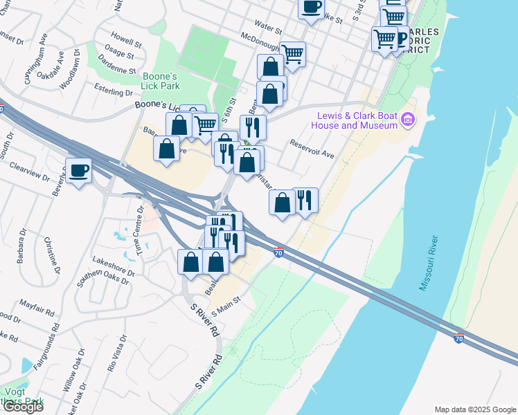 map of restaurants, bars, coffee shops, grocery stores, and more near 1400 South 5th Street in Saint Charles