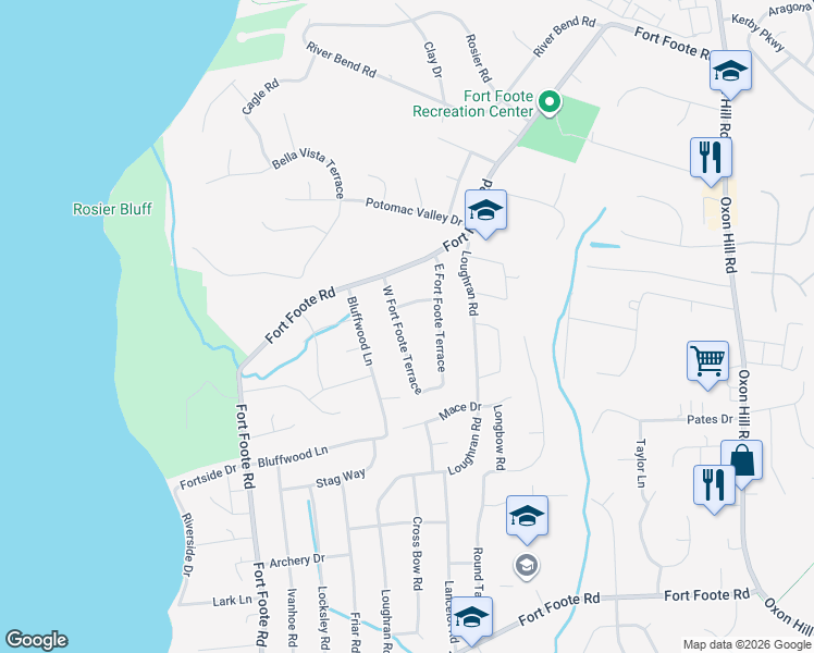 map of restaurants, bars, coffee shops, grocery stores, and more near 8710 West Fort Foote Terrace in Fort Washington