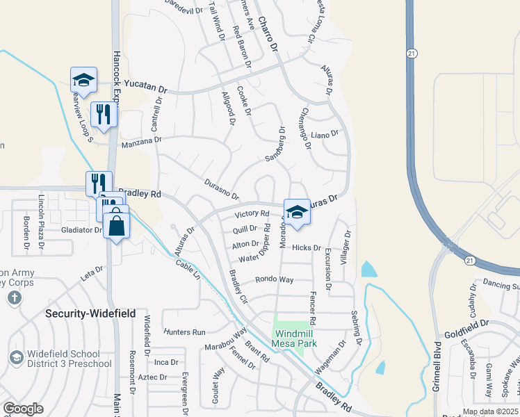 map of restaurants, bars, coffee shops, grocery stores, and more near 5120 Victory Road in Colorado Springs