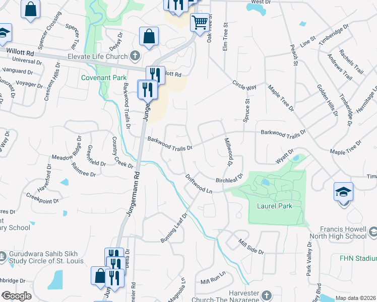 map of restaurants, bars, coffee shops, grocery stores, and more near 145 Barkwood Trails Drive in St. Peters
