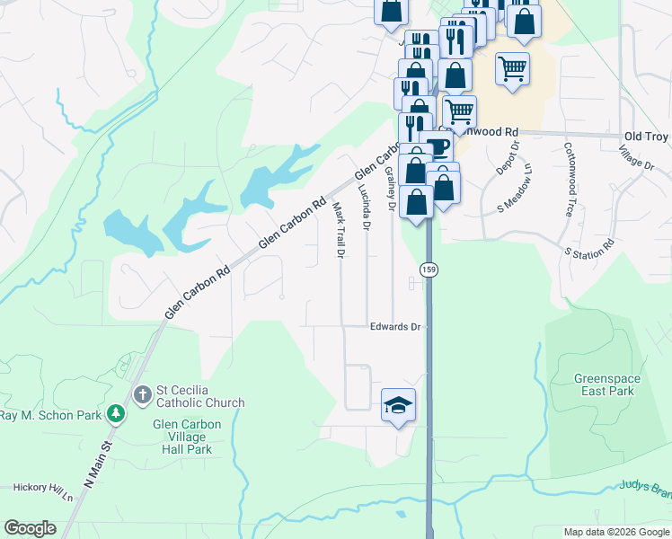 map of restaurants, bars, coffee shops, grocery stores, and more near 108 Mark Trail Drive in Glen Carbon