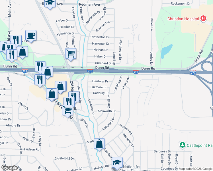 map of restaurants, bars, coffee shops, grocery stores, and more near 2281 Luxmore Drive in St. Louis