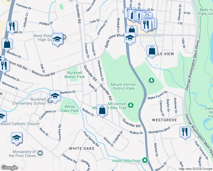 map of restaurants, bars, coffee shops, grocery stores, and more near 2007 Dartmouth Drive in Alexandria