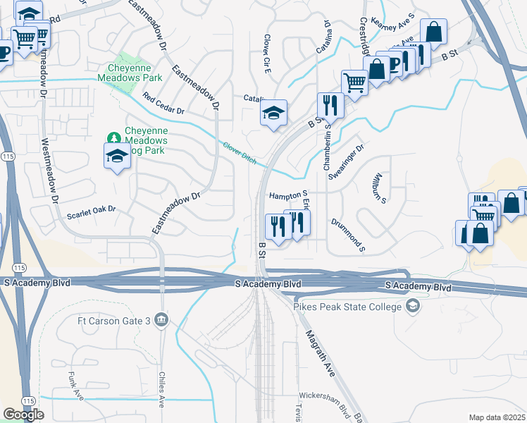 map of restaurants, bars, coffee shops, grocery stores, and more near 1491 B Street in Colorado Springs
